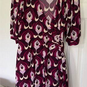 Boho Chic Bisou Bisou Geometric Long Sleeve Dress in Purple and Cream